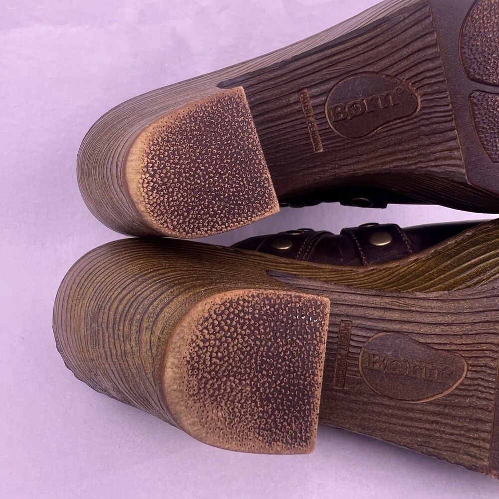 Born Brown Leather Platform Mules Chunky High Heel Clogs Studded Buckle Size 11 - Picture 12 of 16